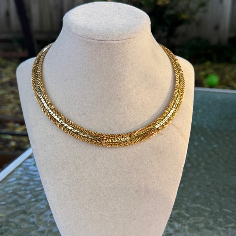 Vintage Monet Gold Tone Multi Strand Mesh Herringbone Collar Necklace Choker